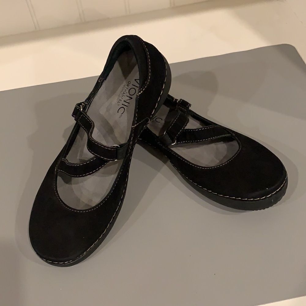 VIONIC Black Suede Mary Janes Flats